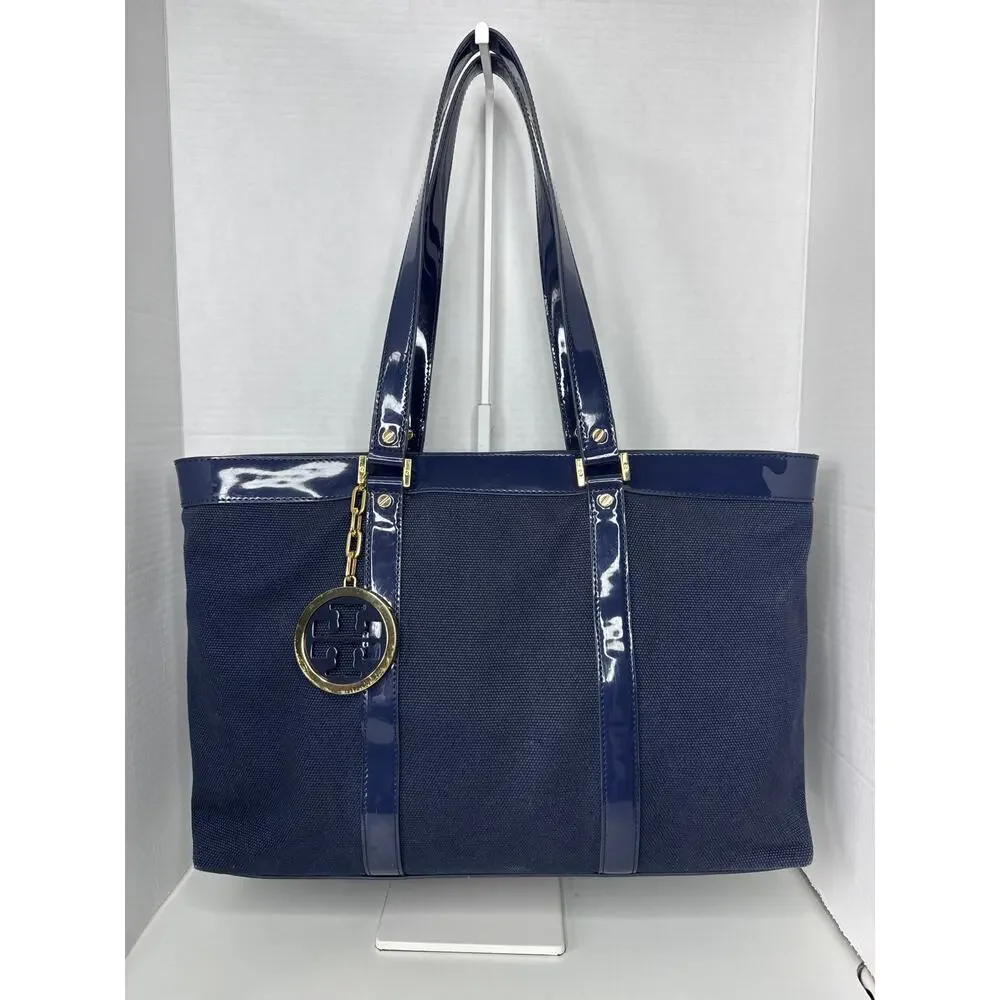 Tory Burch Canvas Jane Tote navy patient leather Shoulder Bag